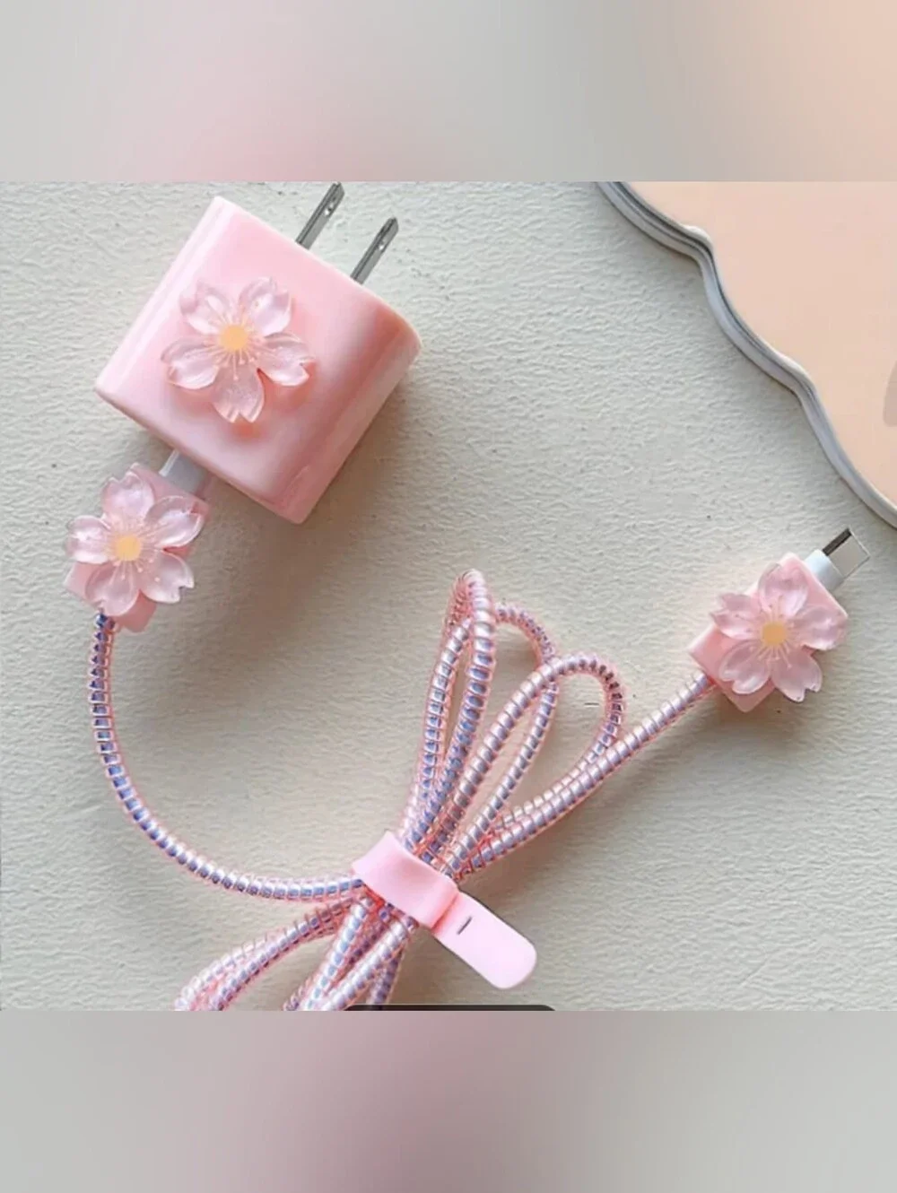Pink Sakura Cherry Blossom Cable Protector Charger Cover Set Kawaii Coquette